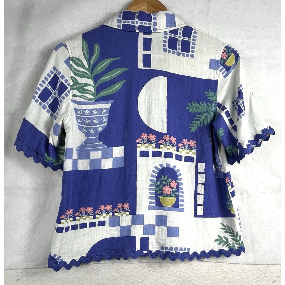 Calypso St Barth XS Linen Blend Ric Rac Trim Button Front Top Blue Print - Picture 10 of 10